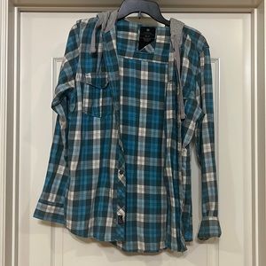 Cotton on blue white and grey plaid flannel with hoodie